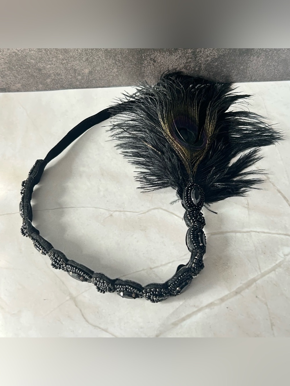 Black Beaded Feather Headband with Peacock Accent